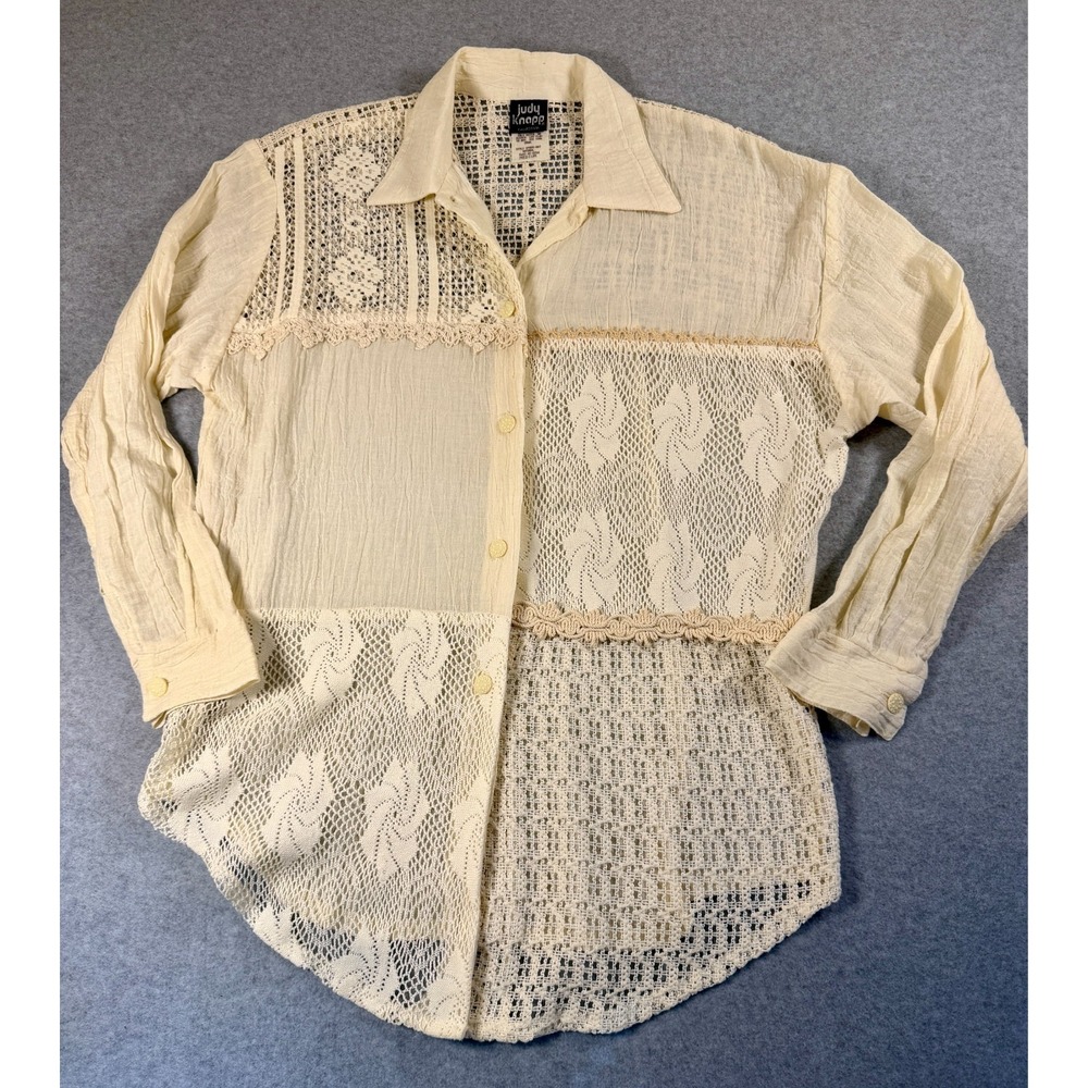 Vtg Judy Knapp Cotton Blouse Size M Ivory Lace Patchwork, Boho, Beachy SKU 198